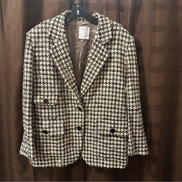 NWT SANDRO Esther Houndstooth Tweed Blazer Jacket Brown Tan sz 38 sz 8 reg $640 - Picture 8 of 15